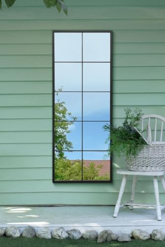 MirrorOutlet The Genestra - Black Modern Window Garden Full Length Wall Mirror 59 x 24 150 x 60cm Silver Mirror Glass with Black Metal Frame.