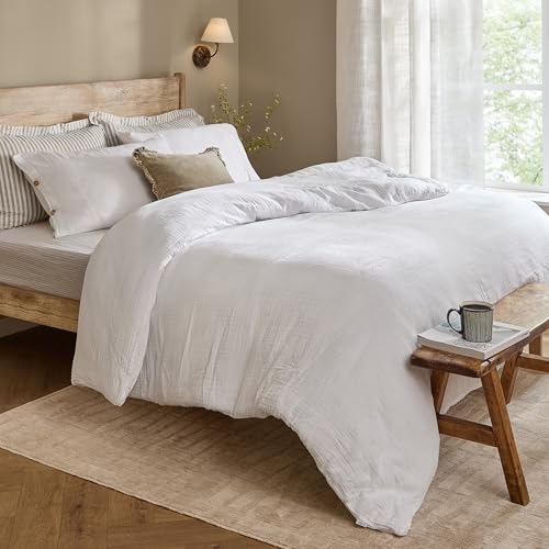 Yard furn Lark Cotton Muslin Duvet Cover Set - Soft Crinkle Texture Bedding (White - Double)