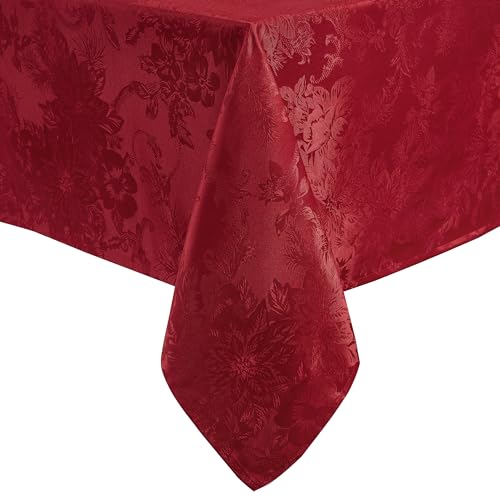 "Elrene Home Fashions Poinsettia Elegance Jacquard Christmas/Holiday Waterproof Stain Resistant Dining Tablecloth, 52""X52"" Square, Red"