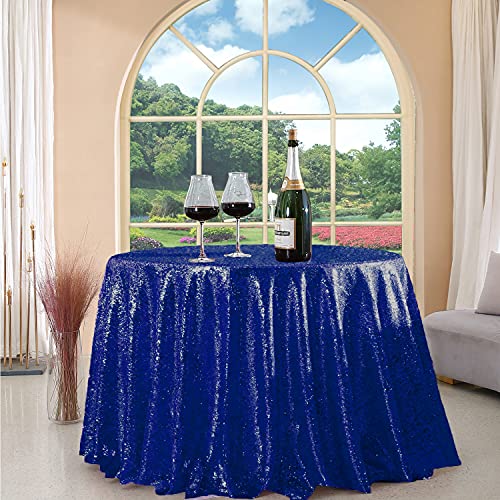 FYLEDAEE Navy Blue Sequin Tablecloth Round 108 inch Glitter Shimmer Table Cover for Christmas Wedding Baby Shower Birthday Party Dinners Food Dessert Table Decor