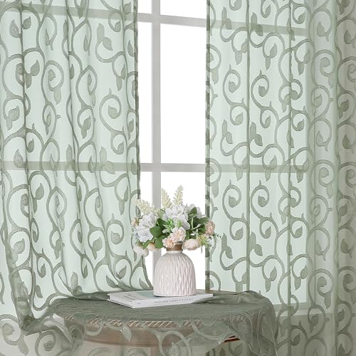 OWENIE Furman Sheer Sage Green Curtains 84 inches Long for Bedroom Living Room 2 Panels Set, White Curtains Jacquard Clip Light Filtering Semi Sheer Curtain Rod Pocket Window Drapes, 52Wx84L inch