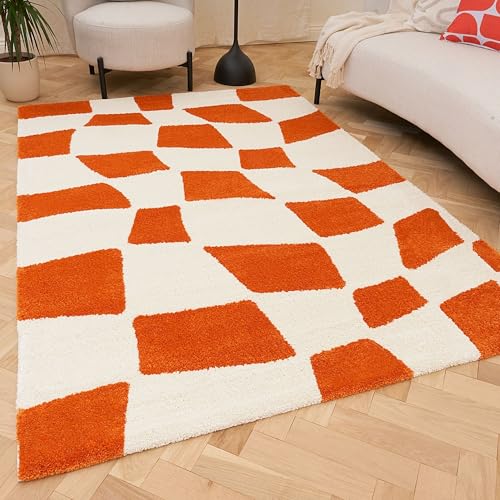 THE RUGS Joli Area Rug - Soft Dense Pile Modern Artistic Design, Durable & Easy Care Carpet for Living Room & Bedroom - Irregular Checkered Orange & White, 160 x 230 cm