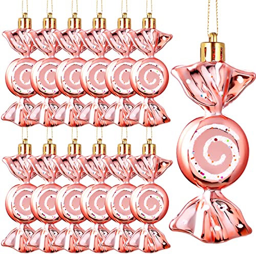 Threan 12 Pieces Christmas Candy Ornaments Hanging Glitter Candy Cane Ornaments Christmas Tree Candy Peppermint Ornaments with Golden Ropes for Xmas Party Home Decorations (Rose Gold)