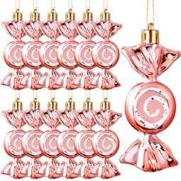 Threan 12 Pieces Christmas Candy Ornaments Hanging Glitter Candy Cane Ornaments Christmas Tree Candy Peppermint Ornaments with Golden Ropes for Xmas Party Home Decorations (Rose Gold)