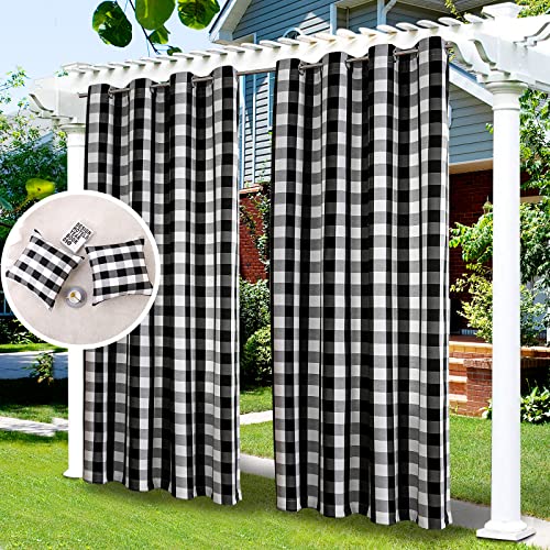 "LiveGo Outdoor Patio Curtain, Blackout Waterproof Curtain, Thermal Insulated Outdoor Garden Curtain for Porch/Pergola/Yard/Sliding Door/Arbor (2 Panels+Pillowcases 52"" W x 84"" L, Black+White)"