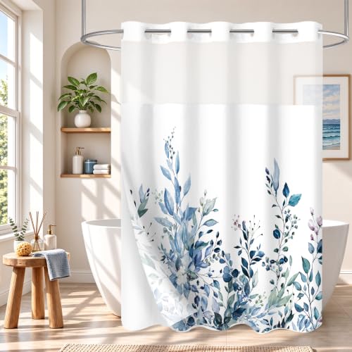 Gibelle No Hook Eucalyptus Shower Curtain with Snap-in Fabric Liner Set, Hotel Style Blue Plant Leaves Double Shower Curtain with See Through Top Window, Waterproof & Washable, 72x74
