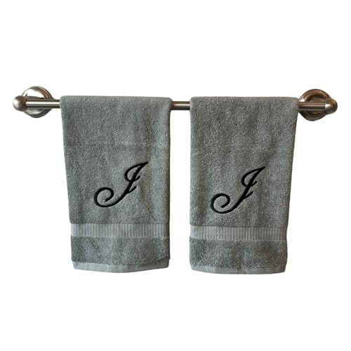 Decorvo Gray Monogrammed Hand Towels for Bathroom - Luxury Hotel Quality Personalized Initial Embroidered Towel for Powder Room, Spa - GOTS Organic Certified - Set of 2 Black Letter J