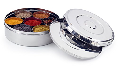 Zinel 7114 Spice Box/Masala Dabba with 7 Comparments and 2 Stainless Steel Lids, 18cm, Silver, 18 cm