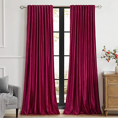 PRIMROSE Red Curtains 108 inch for Living Room Velvet Drapes Blackout Rod Pocket Back Tab Window Treatment Semi Room Darkening Decor Curtains for Bedroom Set of 2 Panels