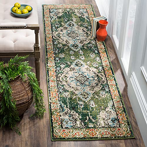 Safavieh Boho Rug for Living Room, Dining Room, Bedroom - Monaco Collection, Short Pile, in Forest Green and Light Blue, 66 X 366 cm