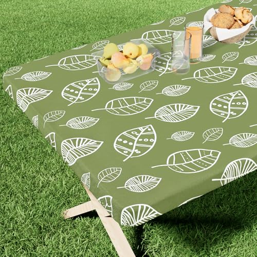 "homing Rectangle Printed Fabric Tablecloth, Elastic Fitted Table Cloth for 6 Foot Tables, Washable Polyester Table Cover for Outdoor, Picnic, Camping and Indoor (Line Leaf, 30"" x 72"")"