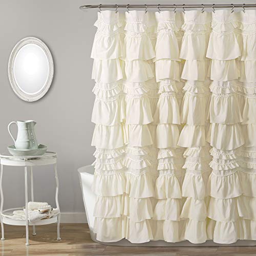 Lush Decor Kemmy Shower Curtain - Ruffled, Textured Shabby Chic Farmhouse Style Design, 72” x 72”, Ivory