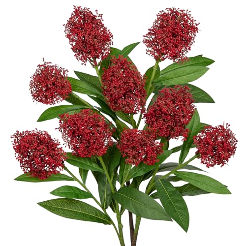 Briful 3PCS Artificial Flowers Faux Skimmia Spray with Leaves 22.8 Inch Long Stem Fake Flowers for Home Vase Table Centerpiece Floral Arrangement Wedding Bouquet (Red)