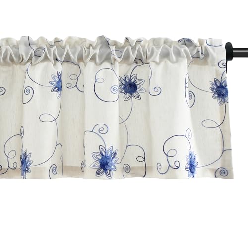 VOGOL Soft Touch Linen Textured Valance, 1 Panel Flower Embroidered Country Style Curtain Valances for Farmhouse, Decorative Rod Pocket Drapes for Living Room, 52 x 12 in