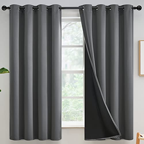 Yakamok 100% Blackout Curtains for Bedroom 63 Inch Length, Gray Total Light Blocking Drapes with Black Backing, Thermal Insulated Solid Grommet Panels for Living Room, 52Wx63L, Grey, 2 Panels