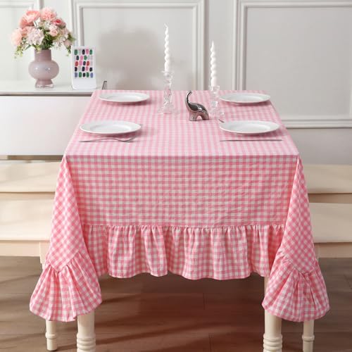 "K MASANIJI Coral Pink White Gingham Ruffle Table Cloth Rectangular 102""x60"" - 6??? Extra Decorative Ruffle, 100% Washed Cotton, for Seat 6-8, Buffet Picnic Table Cover, Checker Plaid Farmhouse Tablecloth"
