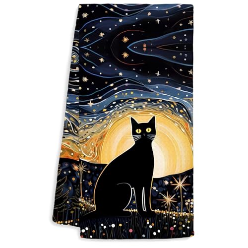Jvpke Cat Towels - Black Hand Towels for Kitchen & Bathroom, 16x24 Inch, Cat Gifts & Decor