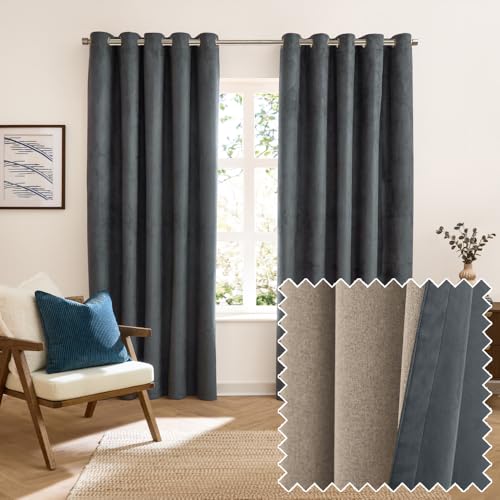 furn. Verso Blackout Eyelet Curtain Pair – Reversible Ring Top Light Blocking Suede Drapes (Petrol - 117x137cm)