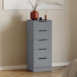 Vida Designs Trega 5 Drawer Narrow Chest of Drawers Grey - Slim Space-Saving Bedroom Storage Unit - 90Hx34.5Wx36Dcm - Anti-Bowing Support, Black Handles, Glide Runners - For Small Rooms & Nursery