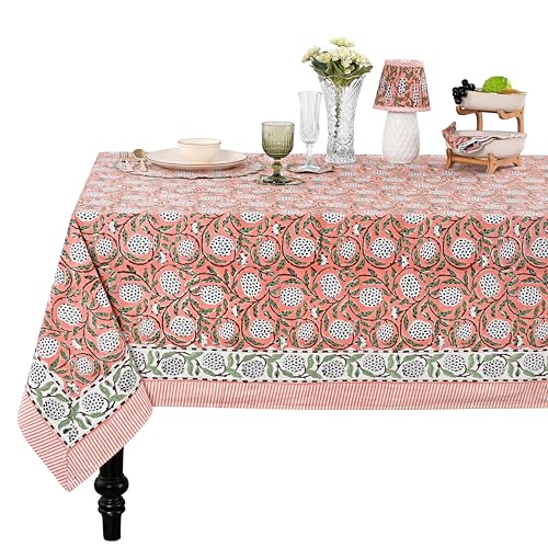 Ridhi Dark Salmon Pink Hand Block Print Cotton Rectangle Tablecloth 108 x 60 inch-Reusable Table Cover Decorative Everyday Use for Dining Room, Farmhouse, Thanksgiving, Christmas Wedding, Fall