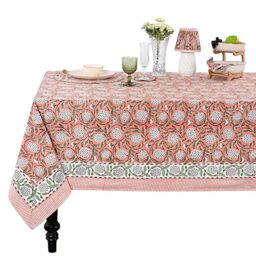 Ridhi Dark Salmon Pink Hand Block Print Cotton Rectangle Tablecloth 108 x 60 inch-Reusable Table Cover Decorative Everyday Use for Dining Room, Farmhouse, Thanksgiving, Christmas Wedding, Fall