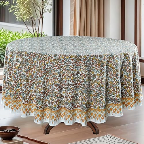 Ridhi Round Tablecloth Hand Block Print 100% Cotton Reusable Goldenrod Yellow 110 Inch Table Cover Decorative Everyday Use for Dining, Home, Party, Wedding, Farmhouse Gift for Spring, Mother's Day