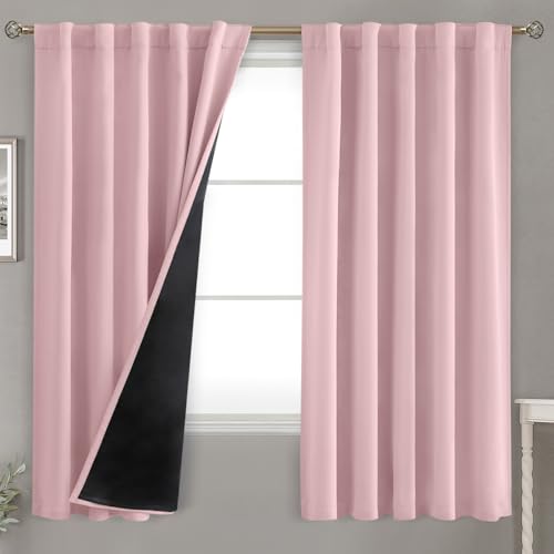 BGment Pink 100% Blackout 63 Inch Curtains 2 Panel Set with Black Liner, Rod Pocket and Back Tab Double Layer Thermal Insulation Room Darkening Light Blocking Window Curtain for Bedroom, 42 x 63 Inch