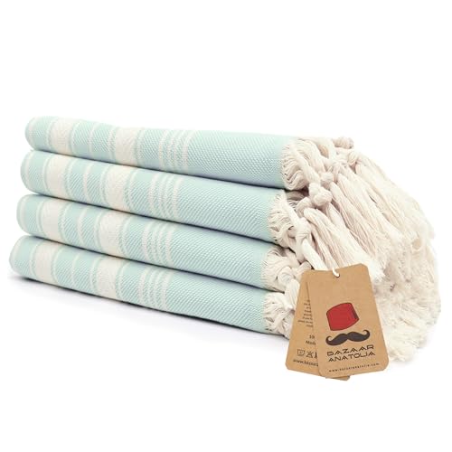 "Bazaar Anatolia Hand Towels - Set of 4 - 39"" x 19"" - Decorative Turkish Hand Towel for Bathroom, 100% Cotton, Kitchen, Face, Hair, Tea, Dishcloth, Guest Towels Teal - Stripe Mint"