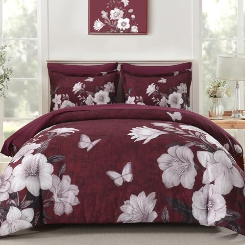 "DHSFKBE Floral Comforter Set Queen Size, 7 Pieces Burgundy Bed in a Bag, Elegant Floral Butterfly Comforter and Sheet Set, Soft Microfiber Bedding Set for All Seasons(Burgundy,90""x90"")"
