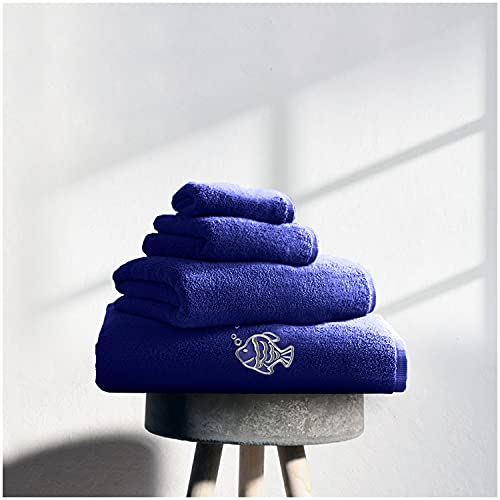 GC GAVENO CAVAILIA Premium 3 Pack Embroidered Fish Towels Sets 450 GSM, Luxury Super Soft Absorbent Bath Sheet, Egyptian Cotton, Royal, 80x140 Cm