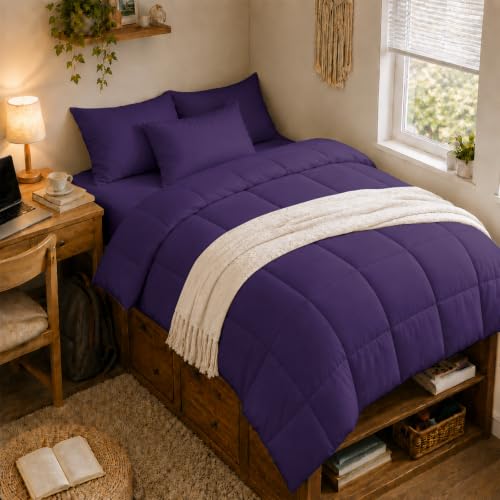 Anluoer Twin Comforter Set, 5 Piece Bed in a Bag Twin Bedding Sets - Solid Dark Purple,Lightweight, OEKO-TEX Certified, Down Alternative Comforter, Breathable sheets & pillowcases,Kids Room