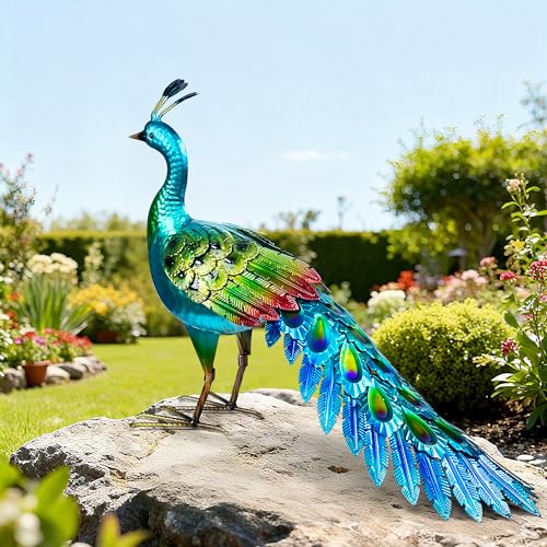 "Elegant Metal Peacock Statue, Vibrant Garden Peacock Yard Art, 1 Pack - 17.7"" Realistic Bird Art Decor, Stable Standing Lifelike, Water&Rust-Proof, Heavy Iron Materials, Hand Painted"