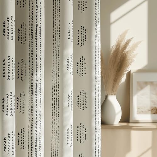 ugoutry 100% Black Boho Blackout Curtains 90 Inch Rustic Grommet 2 Panels - Geometric Striped Patterned, Farmhouse Drapes, Black on Beige, Thermal Insulated, Room Darkening, for Living Room, Grommet