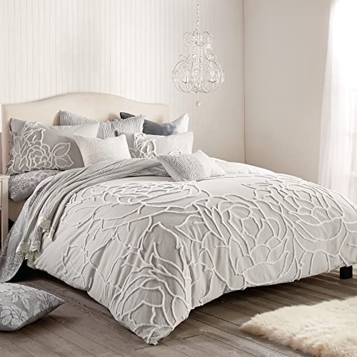 Peri Home 100% Cotton 3-Piece Duvet Cover & Sham Set, Full/Queen, Grey Chenille Rose