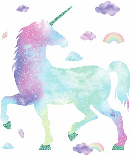 RoomMates Galaxy Unicorn Peel and Stick Giant Wall Decal with Glitter, Pink, Blue, Purple, Aqua, 1 Sheet at 36.5 Inches X 17.25 Inches and 1 Sheet at 9 Inches X 36.5 Inches - RMK3845GM