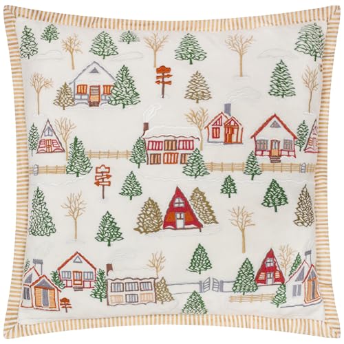 Paoletti Winter Ski Lodges Polyester Filled Cushion – Luxury Winter Lodge Embroidered Cotton Velvet Oxford Edge Festive Decorative Pillow (White – 50x50cm)