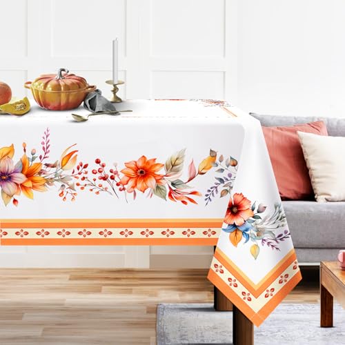 Arquiel Floral Printed Tablecloth, Rectangle Orange Flower Table Cloth Waterproof, Wrinkle Resistant Decorative Table Cover for Kitchen Dining Parties Picnic, 152x213cm