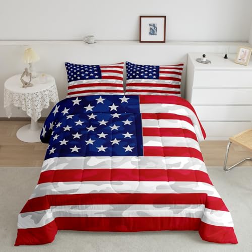 Feelyou American Flag Bedding Set Camouflage USA Flag Comforter Set Army Camo Flag Comforter Blue Red and White Stars Down Alternative Comforter for All Season Room Decor King Size