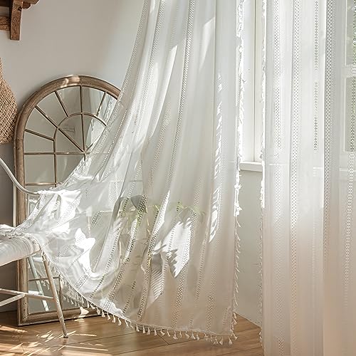 "Sutuo Home Ivory Boho Curtains 2 Panels 96 Inches Length for Bedroom Living Room Patio, Window Treatments Bohemian Sheer Knitted Crochet Lace Vintage Drapes Pair Tassels, Rod Pocket, 52"" x 96"""