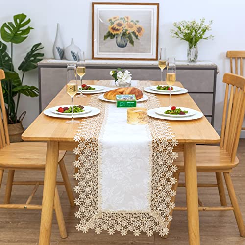 BrekSdat Beige lace Premium Rectangle Farmhouse Table Runner Waterproof OilProof SpillProof AntiShrink Soft Wrinkle Resistant Decorative Fabric Table Cover Kitchen Dinning Party Wedding Banquet