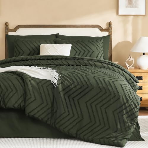 Litanika Olive Super King Comforter Set with Sheets, 7 Pieces Boho Bed Set - Oversized King Fluffy Lightweight Neutral Soft Warm Chevron Tufted Textured Bed Set