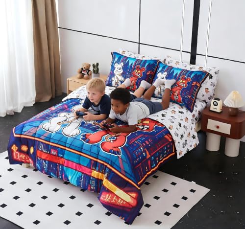 Viviland Neon City Retro Arcade Game Bears Kids Bedding Set Full Size Comforter Sets, Bed in a Bag Retro Arcade Game Theme Cover Set for Children