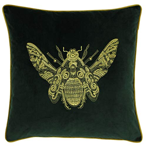 "Riva Paoletti Cerana Cushion Cover - Emerald Green - Super Soft Velvet Fabric - Embroidered Gold Bee Design - Gold Piped Edges - 100% Polyester - 50 x 50cm (20"" x 20"" inches)"
