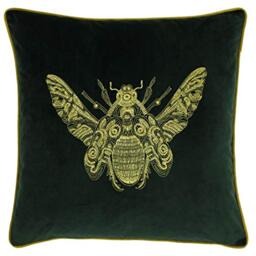 "Riva Paoletti Cerana Cushion Cover - Emerald Green - Super Soft Velvet Fabric - Embroidered Gold Bee Design - Gold Piped Edges - 100% Polyester - 50 x 50cm (20"" x 20"" inches)"