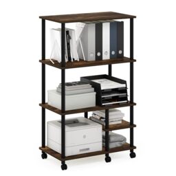 Furinno TURN-N-TUBE Printer Stand, 4-Tier Printer Table with with Storage Shelf and Casters, Open Frame Standing Shelf, for CPU, Office Supplies, Home Office, Amber Pine