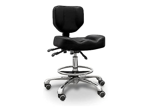 Quirumed Hydraulic Stool with Backrest, Reclining Seat and Footrest, Black, Upholstered in Leatherette, Chrome-plated Steel, Anti-slip, Ergonomic