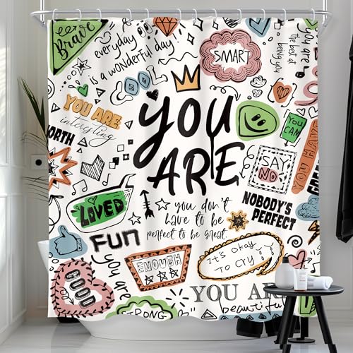 AMBZEK Kids Inspirational Quotes Shower Curtain 60Wx72L Inch Funny Colorful You are Positive Teens Motivational Versers Artwork Cloth Fabric Waterproof Polyester Bathroom Decor Set with 12 Pack Hook