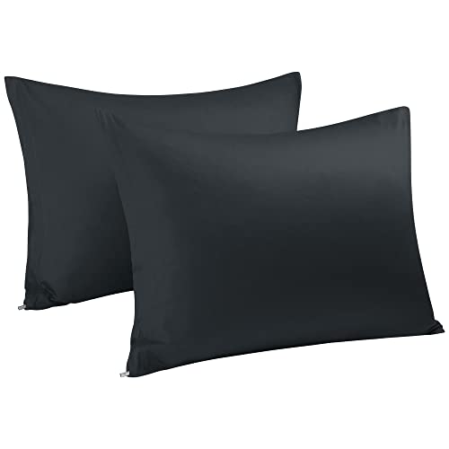 sourcingmap 100% Egyptian Cotton Pillowcases 2 Pack, 300 Thread Count Hotel Quality Pillow Cases with Zipper Closure Super Soft and Breathable Bed Pillow Cases Black 50 x 75cm