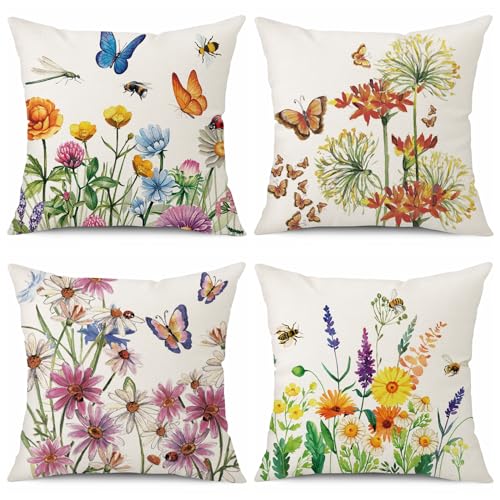 wyooxoo Throw Pillow Covers 18x18 Set of 4 Summer Spring Pillow Covers Flower Butterfly Farmhouse Cushion Case for Sofa Couch Outdoor Patio