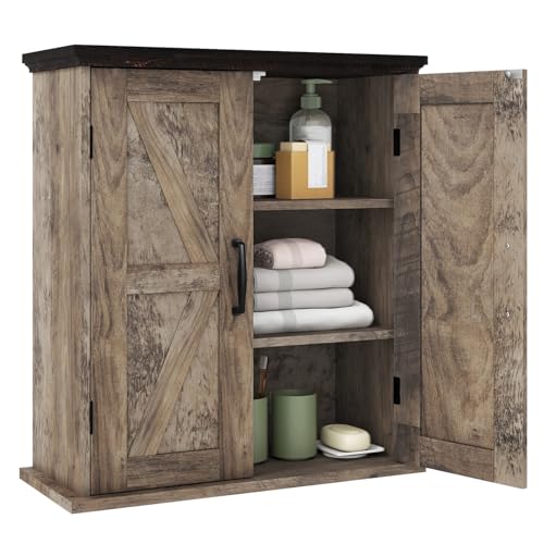 RELAX4LIFE Double Door Wall Mounted Bathroom Cabinet, Over The Toilet Storage with 2 Doors and Adjustable Shelves, Wooden Bathroom Cupboard for Living Room (without Open Compartment, Rustic Brown)